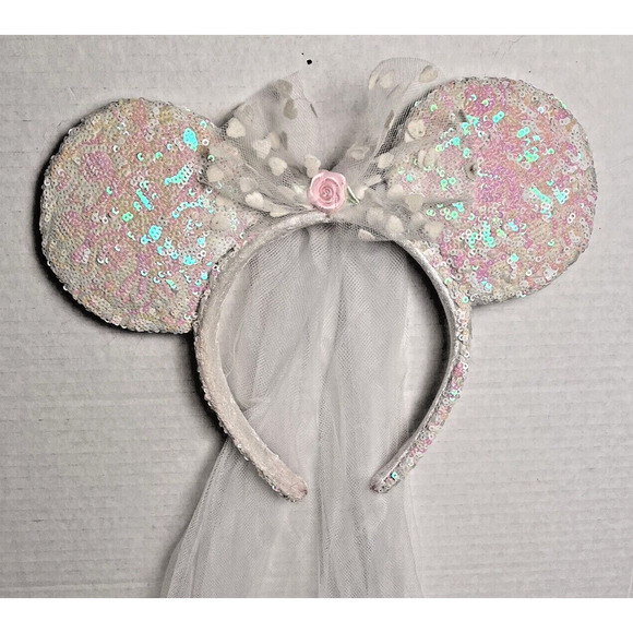 Disney Parks Minnie Mouse Bride Bridal Ears Veil Bow Sequin Headband Wedding - Picture 9 of 13